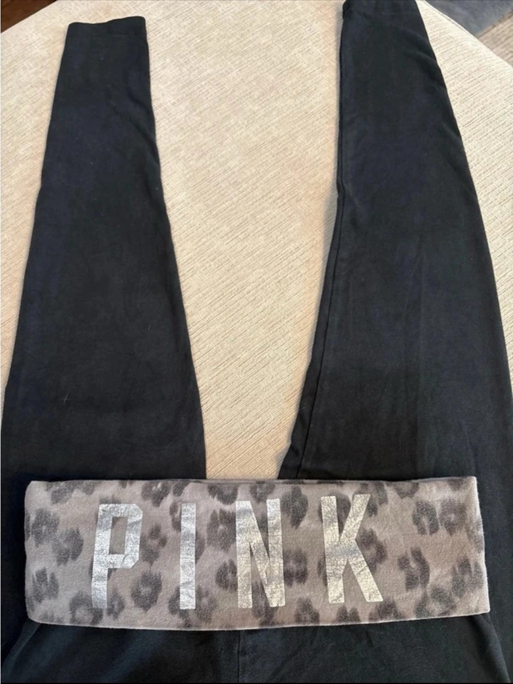 PINK Victoria's Secret Black leggings with Leopard Fold-Over Waistband
